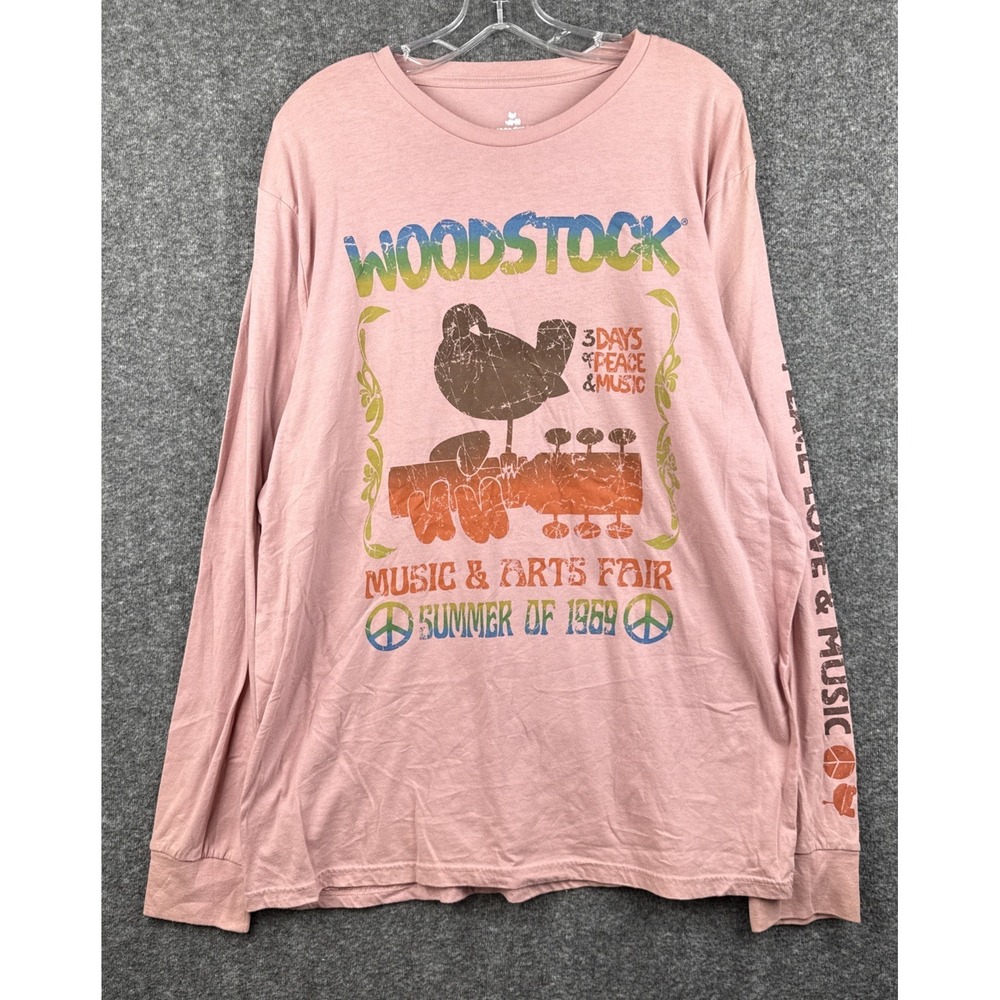 Woodstock‎ Shirt Mens 2XL Pink Long Sleeve Pullover Band Concert Music Art Love